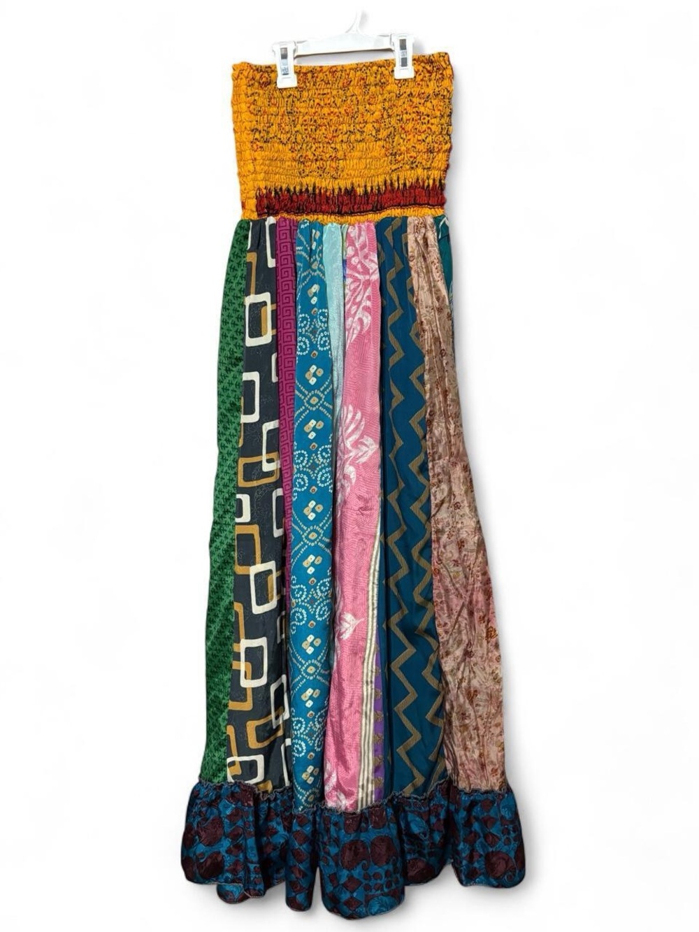 Boho Multi-Print Maxi Dress with Mustard Smocked Waist